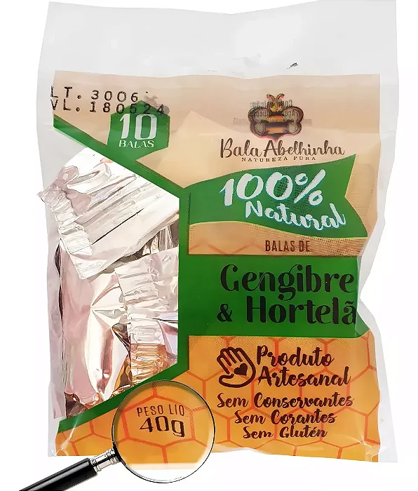 Pacote 40g Bala Natural Gengibre com Hortelã Abelhinha