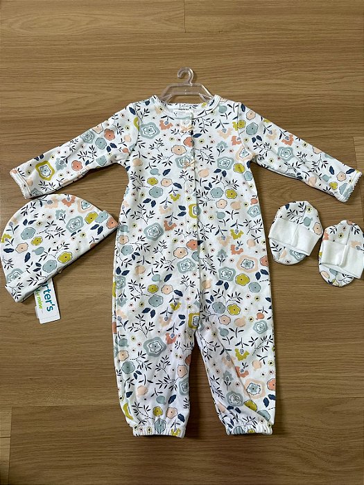 Trio Macacão Carter’s- Estampado florido  com gorro e sapatinhos