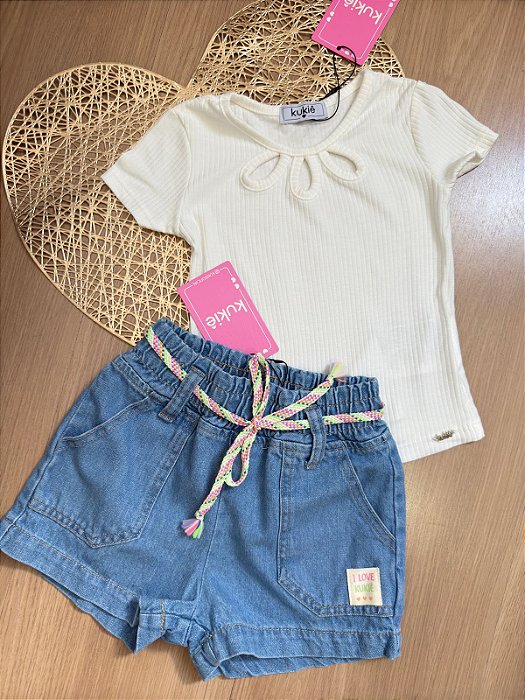 Conjunto Infantil menina Kukiê short Jeans e blusa canelada