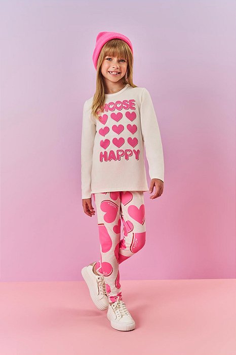 Conjunto Infantil Menina Blusa E Legging Corações Rosa Mundo Cinti
