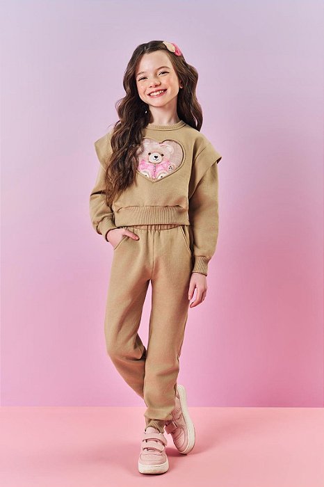 Conjunto Infantil Menina Blusão Ursinho E Calça Bege Mundo Cinti