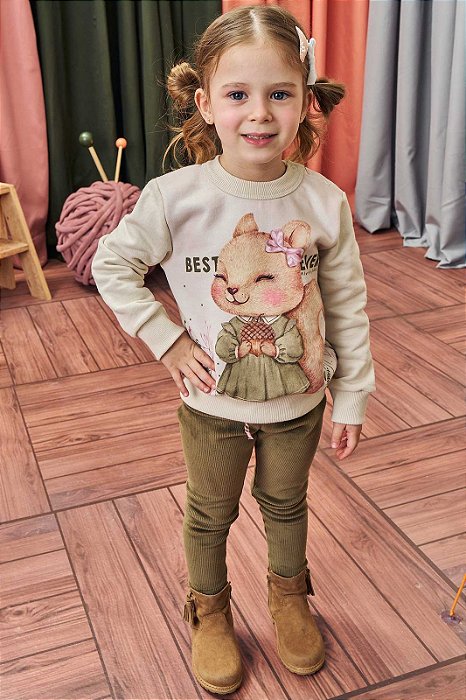 Conjunto de Blusão em Moletom com Pelúcia e Calça Legging em Fleece Cotelê com Elastano