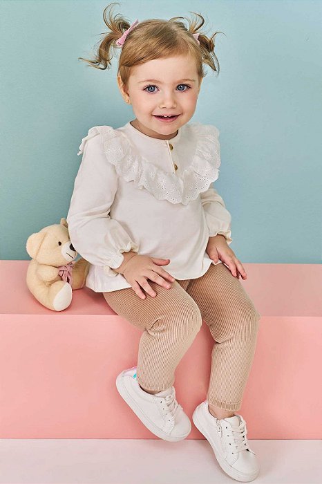 Conjunto de Bata em Molecotton e Calça Legging em Fleece Cotelê com Elastano - Kukiê Bebê Menina