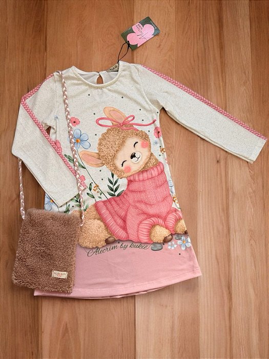 Vestido Infantil Kukiê Alecrim Inverno Off White Lhama com Bolsinha