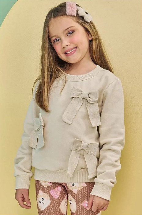 Blusão em Moletom com Pelúcia - Kukiê Infantil Menina com laços