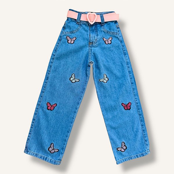 Calça Wide leg jeans - Com bordados borboletas e cinto