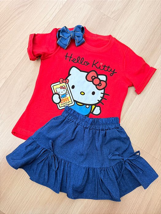 Conjunto Infantil Menina Hello Kitty Vermelho - Short saia