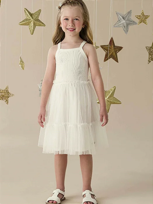 Vestido Mon Sucré Infantil Menina com Tule Branco