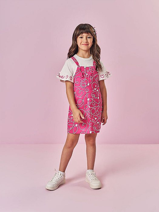 Conjunto Salopete e blusa Cinti Estampada Corações