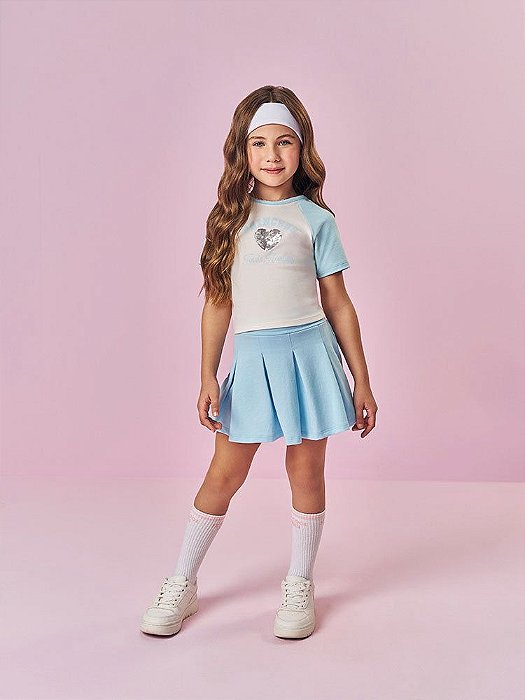 Conjunto Infantil Cinti Verão com Shorts Saia Azul e Blusa Branca Princess