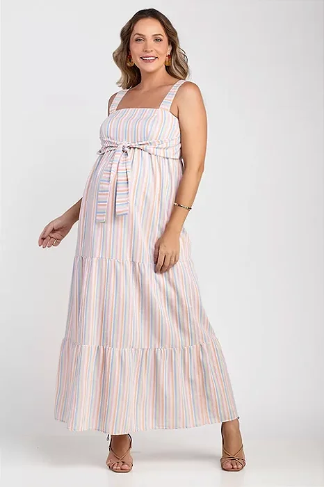 Vestido Off White Listrado Longo Emma Fiorezi