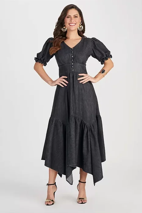 Vestido Jeans Barra Assimétrica Midi Titanium Jeans