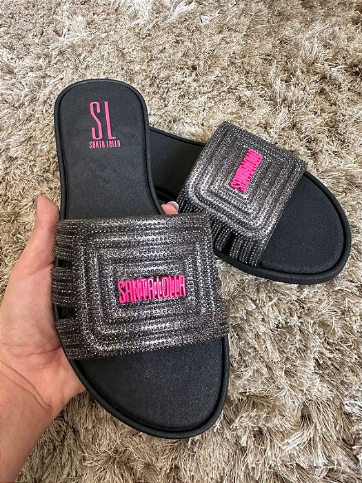 Sandalia Feminina Santa Lolla Shine Brilho Rasteirinha Slide Varejo