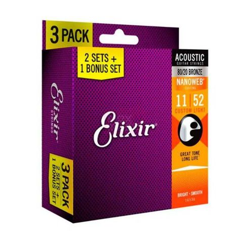 Encordoamento 011 Custom Light 80/20 Bronze P/ Violao Aco Pack L3p2 16538 Elixir (10215)