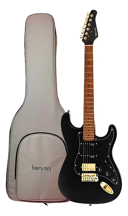 Guitarra Benson Stratocaster Hardy S 902 M BK/BK MH Preto/Dourado C/ Bag HSS