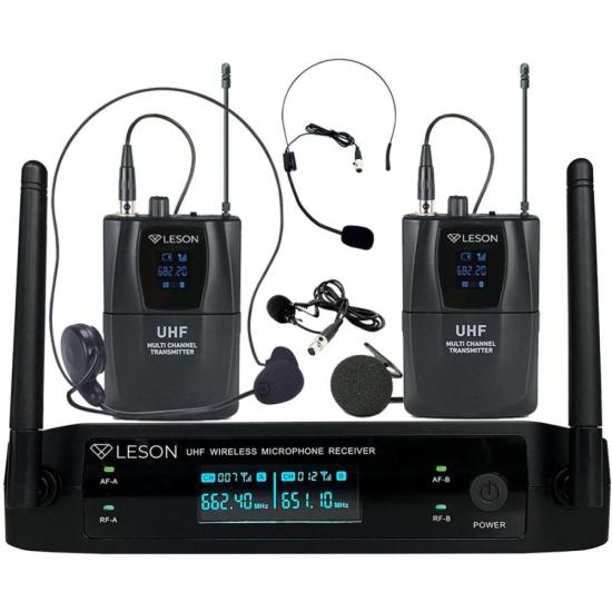 Sistema de Microfone Duplo Sem Fio Com Headset Leson LS962 Preto