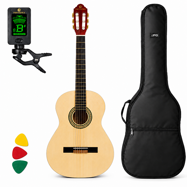 Kit Violão Nylon Harmonics Natural para Estudantes Iniciantes, com Capa, Afinador e Palheta