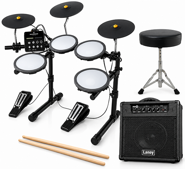 Kit Bateria Eletrônica Nagano Tech NTF-01 7 Pads, Amplificador Laney DH40 40W , Banco e Baquetas