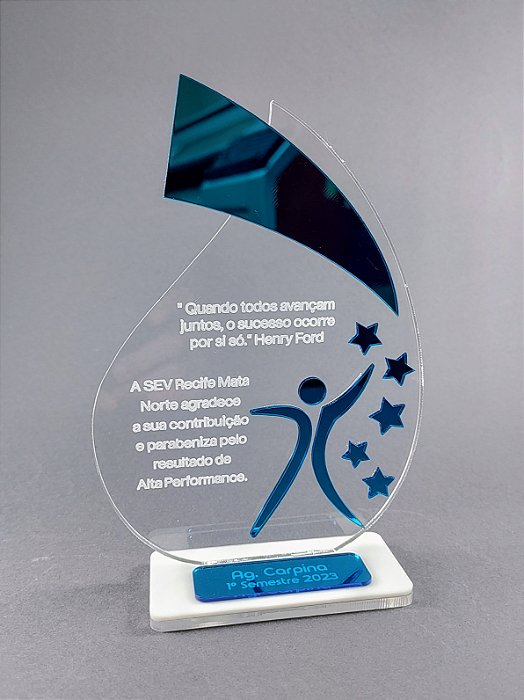 Troféu em Acrílico Formato Gota 18cm x 13cm - und
