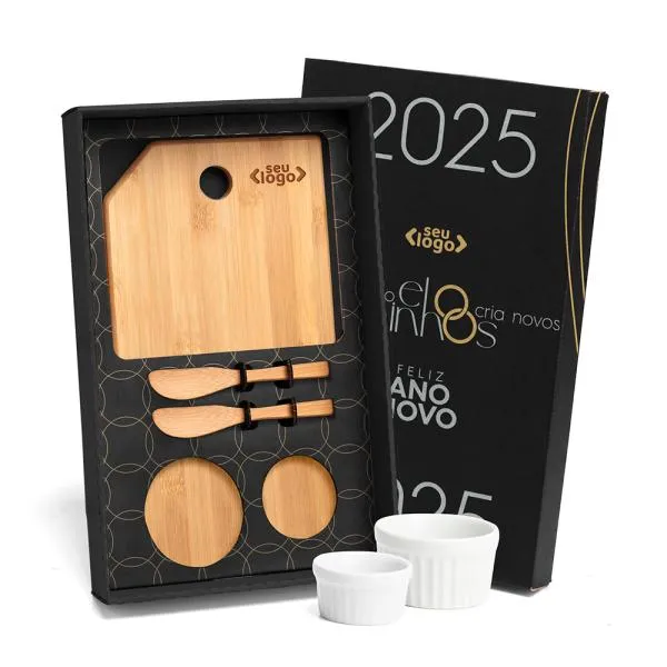 Kit Para Petisco Com Tábua, Espátulas E Ramekins - 5 Pçs