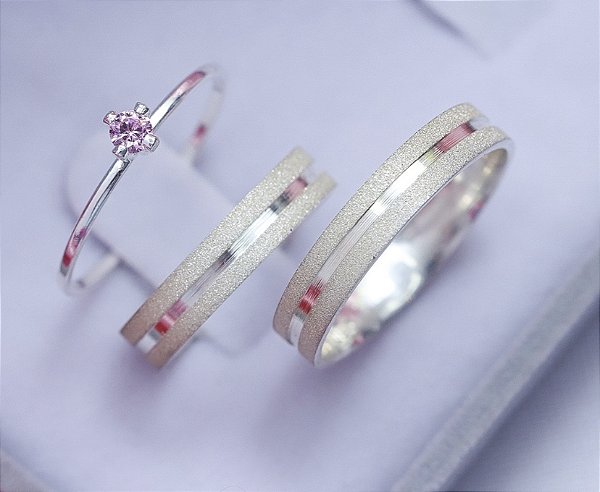 Par Aliança Brilho Glamour Prateada 4mm Minimalista com Solitário