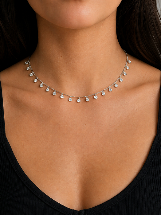 Colar Choker Elegante Pontos de Luz em Prata 925