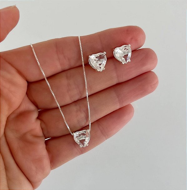 Conjunto Colar e Brinco de Coração em Prata 925
