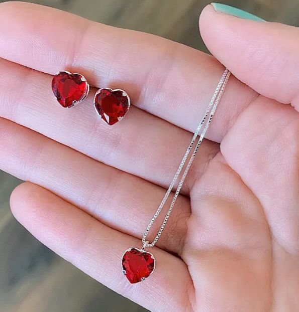 Conjunto Colar e Brinco de Coração 7mm em Prata 925