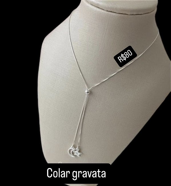 Colar Gravatinha de Lua e Estrela em Prata 925
