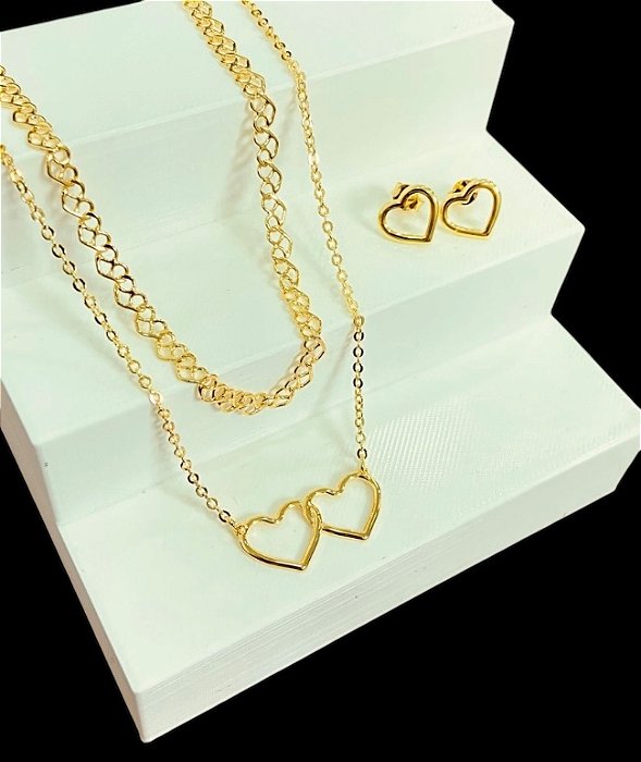 Conjunto Colar e Brinco Duplo Coração Banhado a Ouro 18K