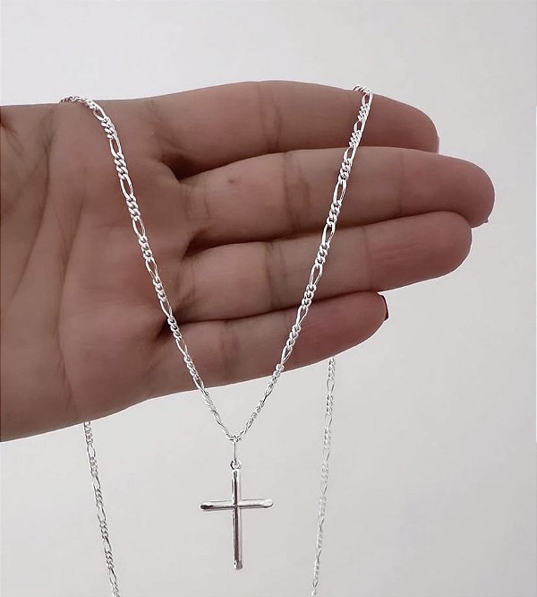 Corrente Masculina Elos 3x1 3mm com Cruz lisa em Prata 925