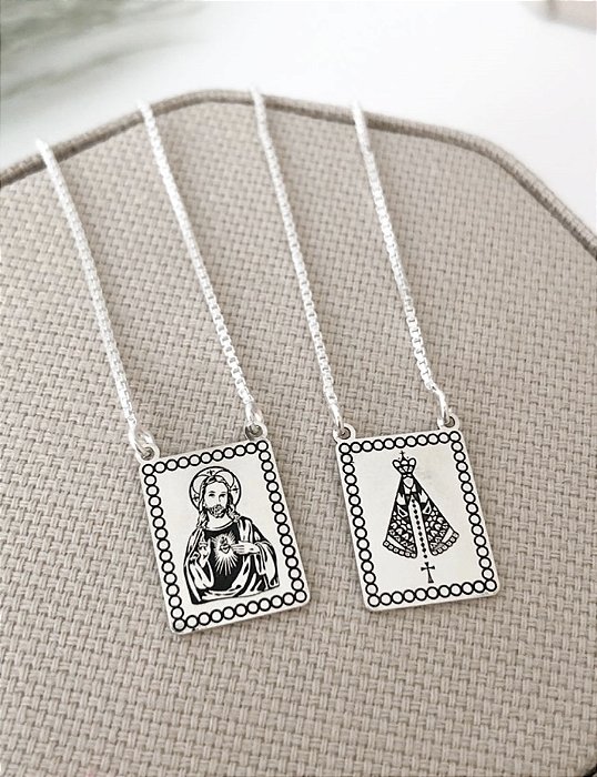 Escapulário Jesus e Nossa Senhora em Prata 925