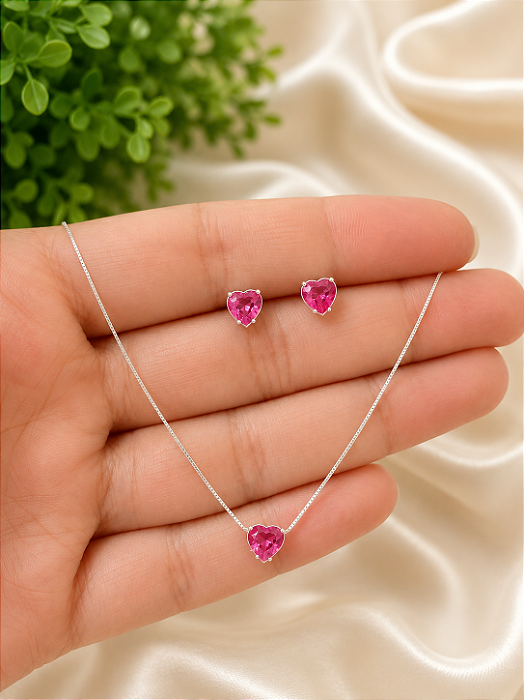 Conjunto Colar e Brinco de Coração mini 5mm em Prata 925