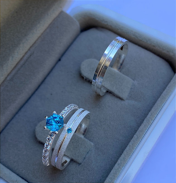 Par Aliança 3mm com solitário Cravejado