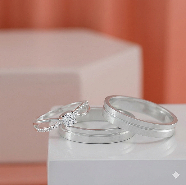 Par Aliança Reta 4mm com Solitario em Prata