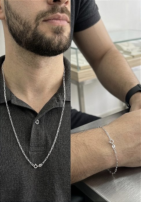 Kit Corrente e Pulseira Masculina Elos Cadeado 2mm 70cm