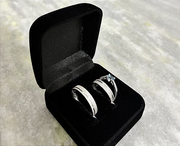 Par Aliança Fosca 4mm com Solitario Cravejado Azul