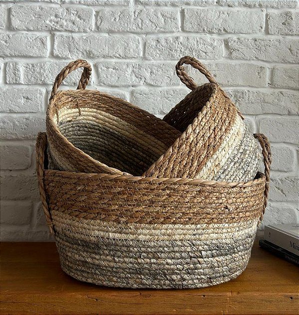 Cesto Decorativo Oval em Fibra Natural e Algodão (3 Tamanhos)