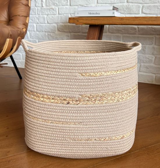 Cesto Decorativo e Organizador em Algodão e Fibra Natural cor Bege