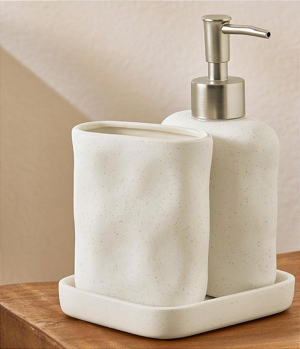 Kit Porta Sabonete Líquido e Porta Escova em Cerâmica (3 peças)