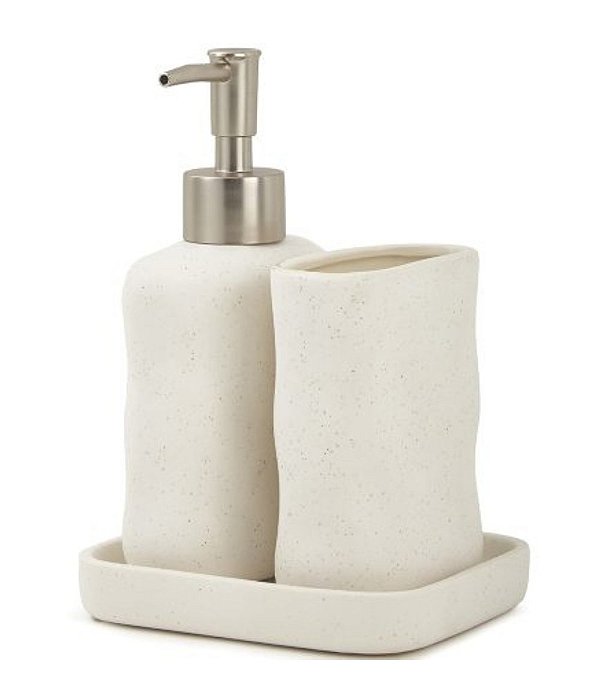 Kit Porta Sabonete Líquido e Porta Escova em Cerâmica (3 peças)