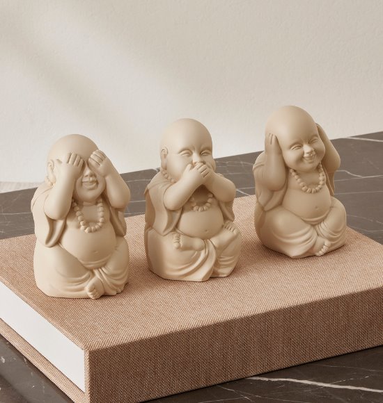 Trio de Esculturas Mini Budas em Cimento (3 Peças)
