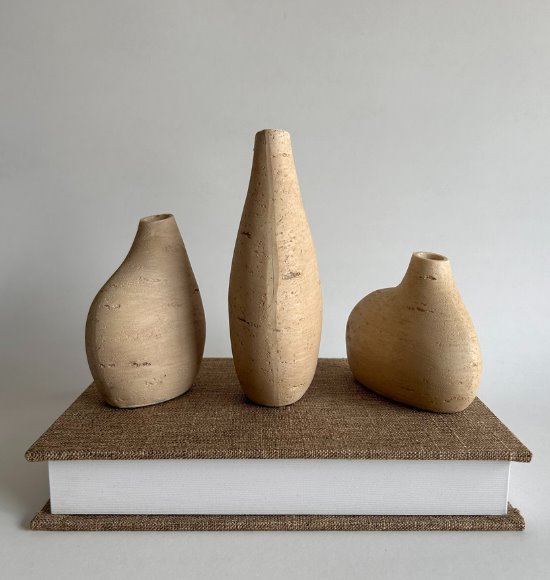 Trio de Mini Vasos Decorativos em Poliresina Mármore Travertino