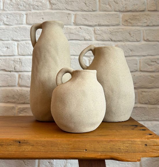 Trio de Vasos Decorativos em Cerâmica Modelo Orgânico com Alças