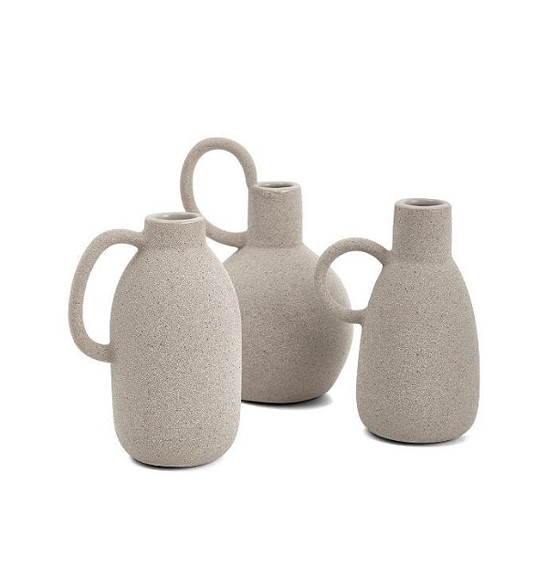 Trio de Mini Vasos Decorativos em Cerâmica Cinza com Alças (3 peças)