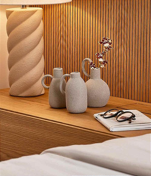 Trio de Mini Vasos Decorativos em Cerâmica Cinza com Alças (3 peças)