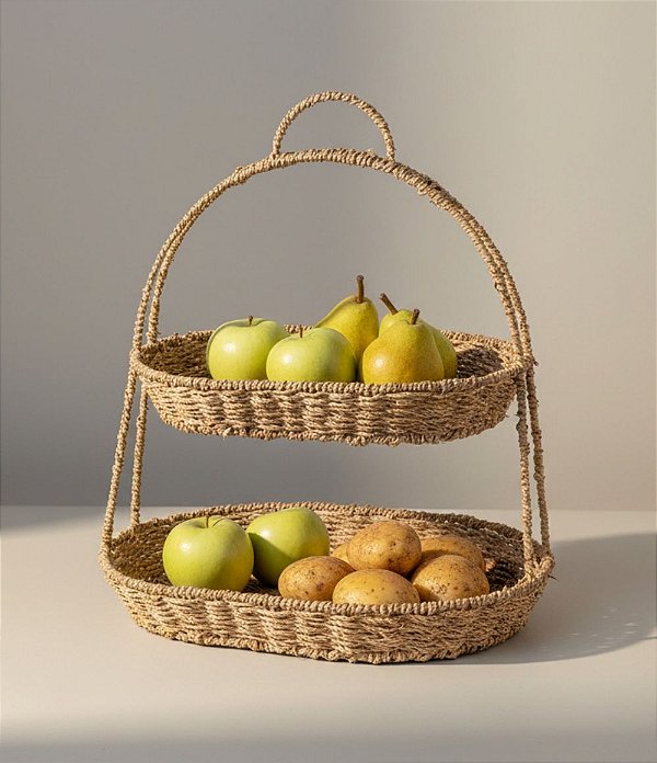 Fruteira Dupla em Fibra Natural com Alça (50x45x35)