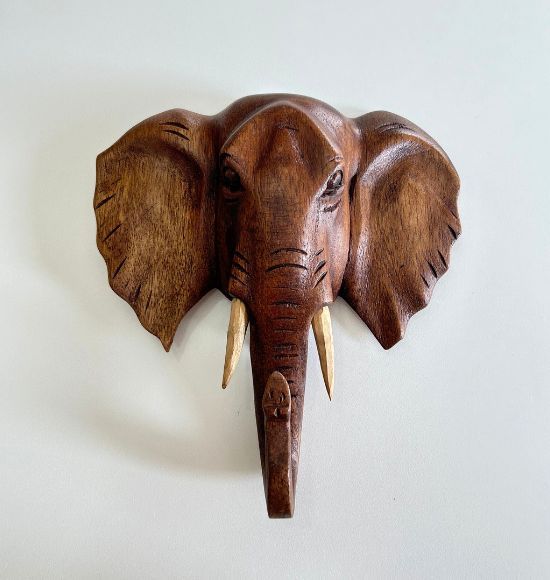 Escultura de Parede Cabeça de Elefante em Madeira Suar Bali