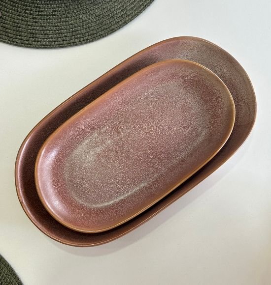Par de Bandeja Oval em Cerâmica Rosa (2 peças)