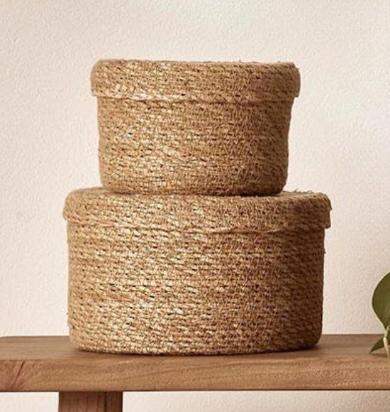 Cesto Decorativo com Tampa em Fibra Natural (M)